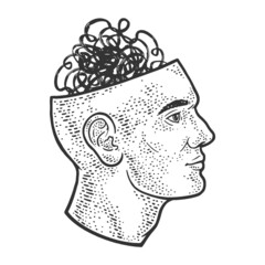 Confused thoughts in head abstract line art sketch engraving vector illustration. T-shirt apparel print design. Scratch board imitation. Black and white hand drawn image.