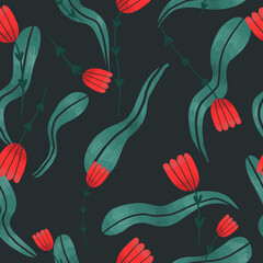 illustration of vegetable seamless pattern. forest tree leaves on dark background