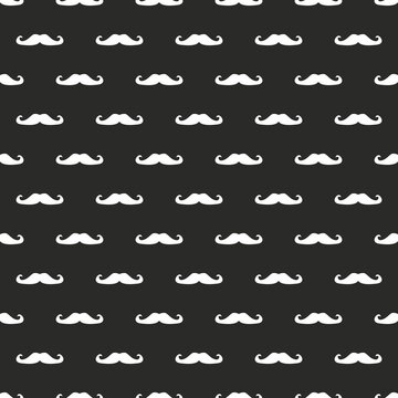 Seamless vector pattern, background or texture with white curly vintage retro gentleman mustaches on black background