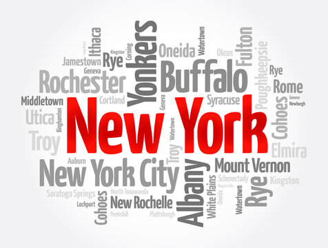 List of cities in New York USA state, word cloud concept background