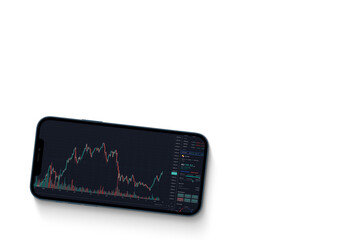 A smartphone with financial stock market graph. Stock Exchange. White Background.