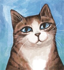 portrait of a brown cute tabby cat on a blue background. Art illustration of a cat