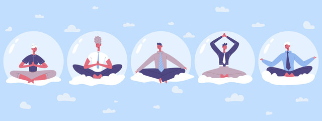 Business people yoga abstract sky meditation practicing. Office workers relax in lotus position vector illustration. Meditating office people - obrazy, fototapety, plakaty