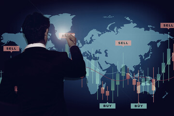 Businessman standing in office analyzing sales data and economic growth graph financial, solution analysis and development contents on table and global network connection interface background.