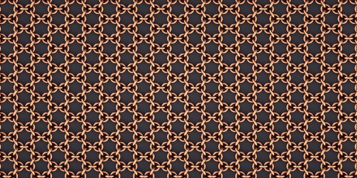 Background of linked geometric objects on a grey background. Golden metallic rings. 3D Render.
