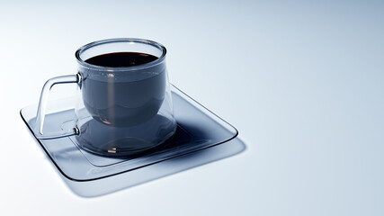 Square coffee mug and saucer, 3d. Modern glass coffee mug on a white background, 3d illustration. Glass cup with coffee, 3d render. Square cup, designer tableware in the style of minimalism