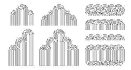 Set of line art design elements. Circle, arch, wave. Mid century, boho abstract compositions. Optical illusion shapes.