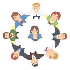 Smiling Business People Characters Embracing Arranging Circle Looking Up Above View Vector Illustration