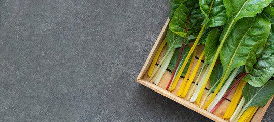 Colored Swiss chard leaves lie in a wooden box on gray illuminating background. Bunch beetroot top view. Fresh vegetables for sale at the local farmers market. Zero waste concept. Gardening at home. 
