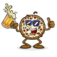 A cool, hip pizza pie cartoon with a snazzy attitude rocking a pair of shades while drinking a big frothy mug of beer and tossing out an enthusiastic thumbs up