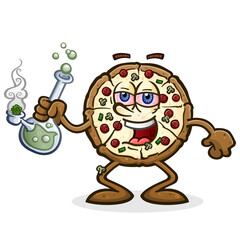 A stoned pizza cartoon character puffing marijuana smoke from a big glass water bong, getting high and bringing on a major case of the munchies - 449925938