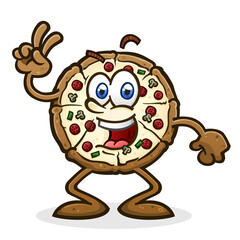 A happy, energetic whole pizza cartoon character tossing out a peace sign to everyone in a gesture of friendship