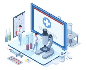 Isometric online medical healthcare concept. Pharmacy research, medical treatment, healthcare diagnostic vector illustration. Online medical service concept