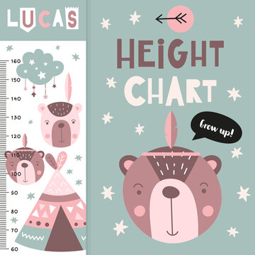 Kids height chart with cute woodland animals. Heights for school, kindergarten, nursery design. Vector illustration. Bear and wigwam.