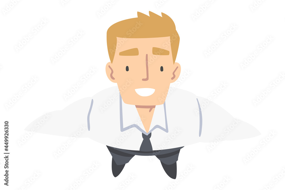 Sticker Smiling Business Man Character Wearing Tie Looking Up Above View Vector Illustration