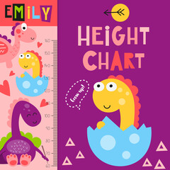 Kids height chart with cute baby dinosaur. Heights for school, kindergarten, nursery design. Vector illustration.