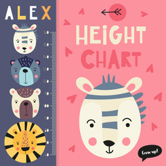 Kids height chart with cute safari animals. Heights for school, kindergarten, nursery design. Vector illustration. Zebra, bear, lion.