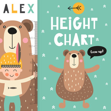 Kids height chart with cute woodland characters. Heights for school, kindergarten, nursery design. Vector illustration. Boy and bear.