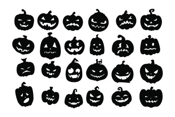 Big Set of Halloween pumpkin. Black emoji vector icon illustration isolated on white background.