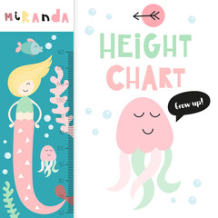 Kids height measure with cute little mermaid. Heights for school, kindergarten, nursery design. Vector illustration.