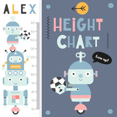 Fototapeta na wymiar Kids height measure with cute retro robot. Heights for school, kindergarten, nursery design. Vector illustration.