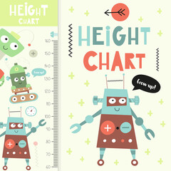 Kids height measurement with cute retro robot. Heights for school, kindergarten, nursery design. Vector illustration.
