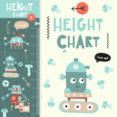 Fototapeta na wymiar Kids height meter with cute retro robot. Heights for school, kindergarten, nursery design. Vector illustration.