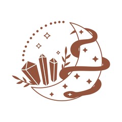 Magic boho crescent moon with crystal, snake, star isolated on white background. Celestial vector flat illustration. Mystical design for tattoo, card, web stories