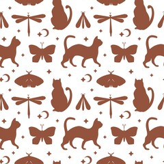 Fototapeta na wymiar Ethnic mystical seamless pattern with magic cat, butterfly, moon, star on beige background. Flat vector illustration. Design for wallpaper, wrapping, textile