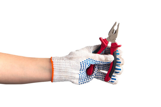 Happy labor day. Man in white work gloves holds pliers. Hand repair tool isolated on white background.