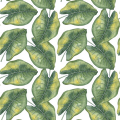 Watercolor seamless pattern with tropical leaves.