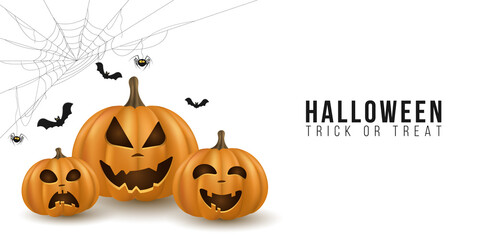 Halloween background design with 3d emotional cartoon pumpkins on white backdrop. Cover for holiday. Trick or treat. Cobweb with spider and bats. Vector illustration