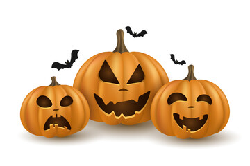 3d cartoon emotional pumpkins with bat on white background for the holiday Halloween. Orange pumpkin with smile. Festive comic characters. Vector illustration