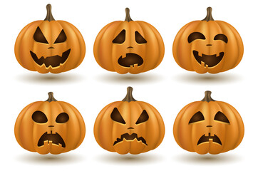 Set of 3d cartoon emotional pumpkins isolated on white background for the holiday Halloween. Orange pumpkin with smile. Different faces of the characters. Vector illustration