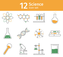 Line science icon set. Chemistry lab equipment as glassware. Molecule and dna model, microscope for experiment