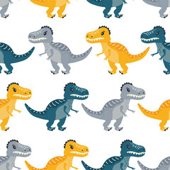 Cute dinosaurs seamless pattern. Vector dinosaurs isolated on white background in simple childish hand-drawn style in trendy colors. Design for children's clothing, textiles, fabrics, bed linen.