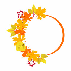 Circle frame with autumn leaves, branch, oak and berries. Isolated on white background. Space for text