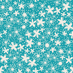 Ditsy scribbled doodle flower vector seamless pattern background. Dense millefleur style hand drawn florals duotone white aqua blue backdrop. Contemporary dense design. All over print for summer beach