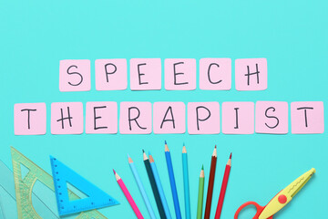 Text SPEECH THERAPIST and stationery on color background