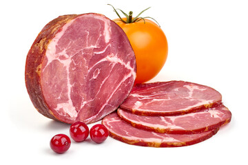 Piece of cold smoked meat, isolated on white background. High resolution image.