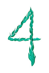 Watercolor hand drawn number 4 of green leaves isolated on a white background. Floral style. Vector illustration