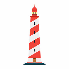Lighthouse in red and white striped colors. Searchlight tower for maritime navigation guidance. Sea beacon for security and navigation. Coastline nautical building. Vector illustration