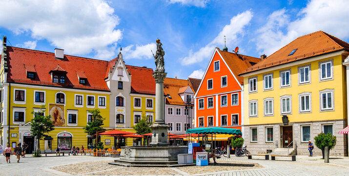 Mindelheim, Germany - June 26: historic buildings at the old town of Mindelheim on June 26, 2021