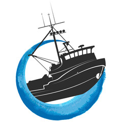 Fishing trawler sails on a blue wave design