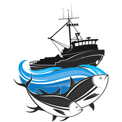 Fishing trawler on a blue wave and fish catch symbol