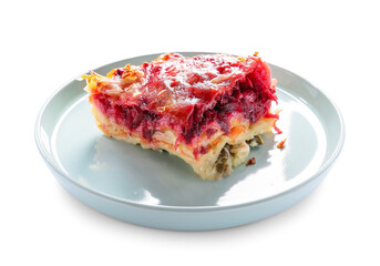 Plate with tasty vegetable lasagna on white background