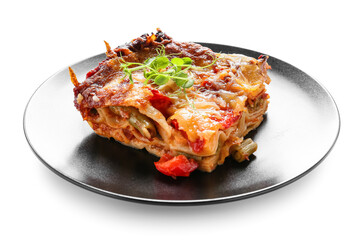 Plate with tasty vegetable lasagna on white background