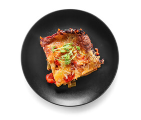 Plate with tasty vegetable lasagna on white background