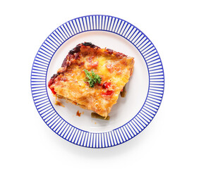 Plate with tasty vegetable lasagna on white background