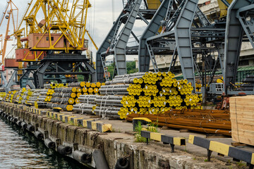 Metal pipes ready for shipment in sea port in Ukraine